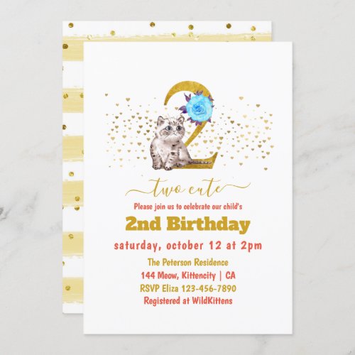 Baby Cat and Flowers 2nd Birthday Invitation