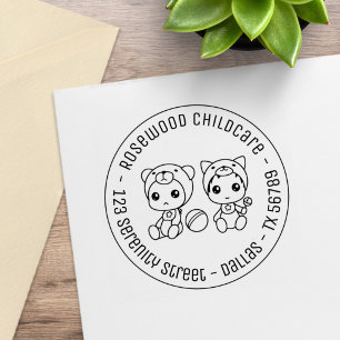 Baby Cat Bear Daycare Childcare Round Address 2 Rubber Stamp
