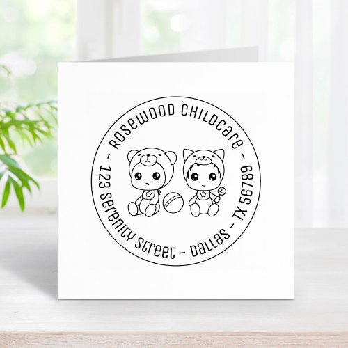 Baby Cat Bear Daycare Childcare Round Address 2 Rubber Stamp