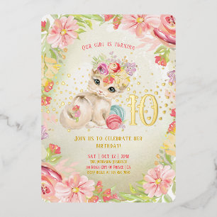 Baby Cat Watercolor Flowers Girl Birthday Foil Invitation