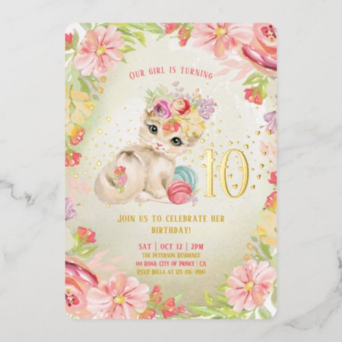 Baby Cat Watercolor Flowers Girl Birthday  Foil Invitation