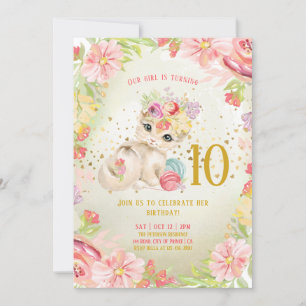 Baby Cat Watercolor Flowers Girl Birthday Invitation