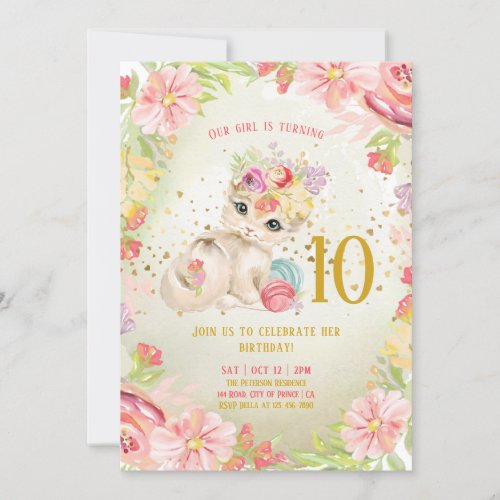 Baby Cat Watercolor Flowers Girl Birthday  Invitation