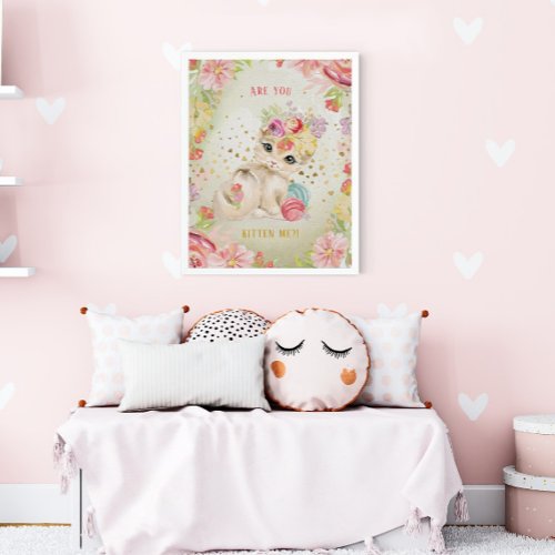 Baby Cat Watercolor Flowers Girl Nursery Poster