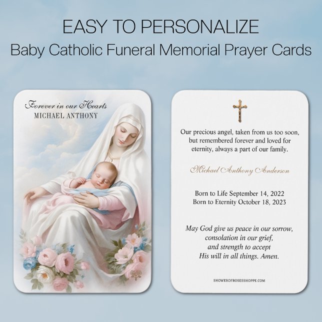 Baby Catholic Funeral Memorial Holy Card - (Traditional Catholic Baby Funeral Memorial Prayer Card with Blessed Virgin Mary and Baby )