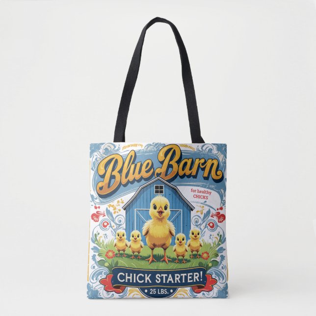 Baby Chick Blue Barn feed Sack Tote Bag (Front)