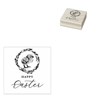 Baby Chick Inside Willow Wreath Happy Easter Rubber Stamp
