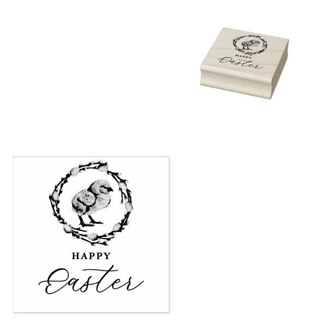 Baby Chick Inside Willow Wreath Happy Easter Rubber Stamp (Stamped)