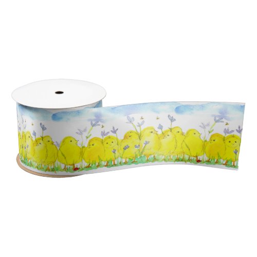 Baby Chickens Flowers Clouds Watercolor Satin Ribbon
