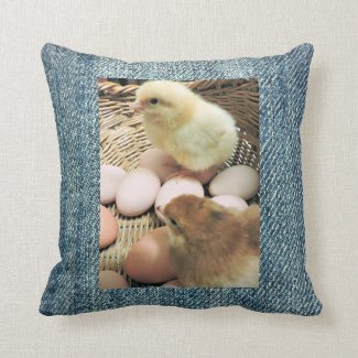 Baby Chickens in a Basket, Denim look background Throw Pillow
