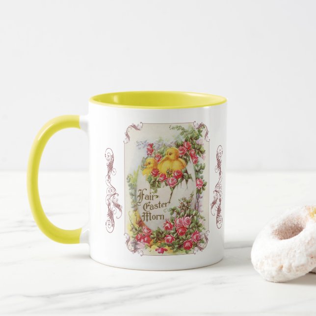 Baby Chicks and Roses Vintage Mug (With Donut)