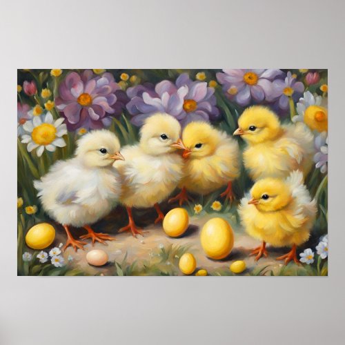 Baby Chicks In Spring Garden Poster