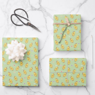 Baby Chicks Whimsical Kawaii Pattern Green Wrapping Paper Sheets