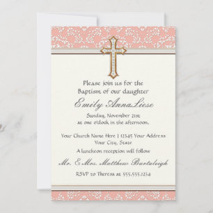 Baby Child Infant Baptism Gold Golden Cross Lace Invitation