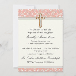 Baby Child Infant Baptism Gold Golden Cross Lace Invitation