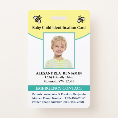 Baby Child Photo Name ID Identification Card  Badge