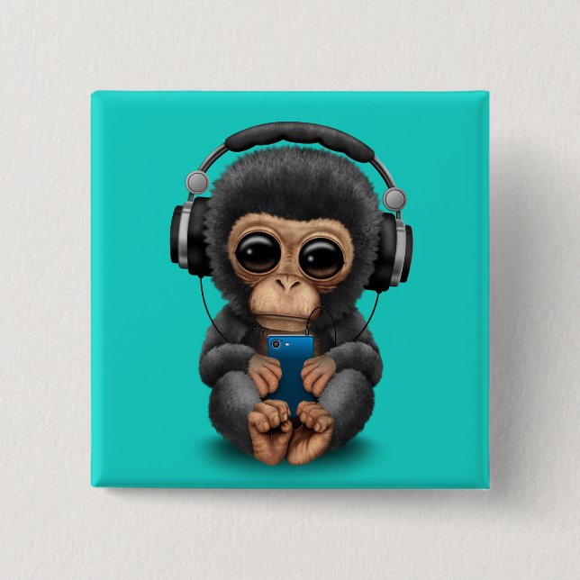 Baby Chimp with Headphones and Cell Phone Button (Front)