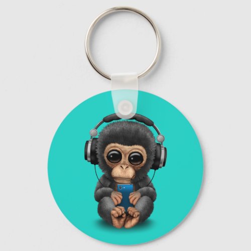 Baby Chimp with Headphones and Cell Phone Keychain