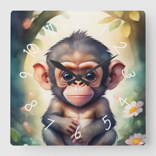 Baby Chimpanze Nursery Watercolor Square Wall Clock (Front)