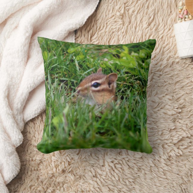 Baby Chipmunk Peeking Nature Wildlife Throw Pillow (Blanket)