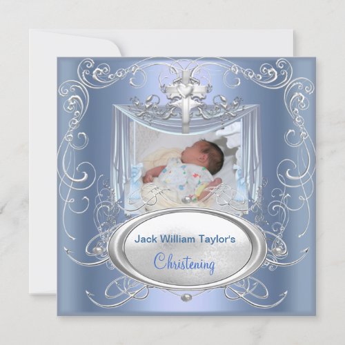 Baby Christening Baptism Boy Blue Silver Cross Announcement