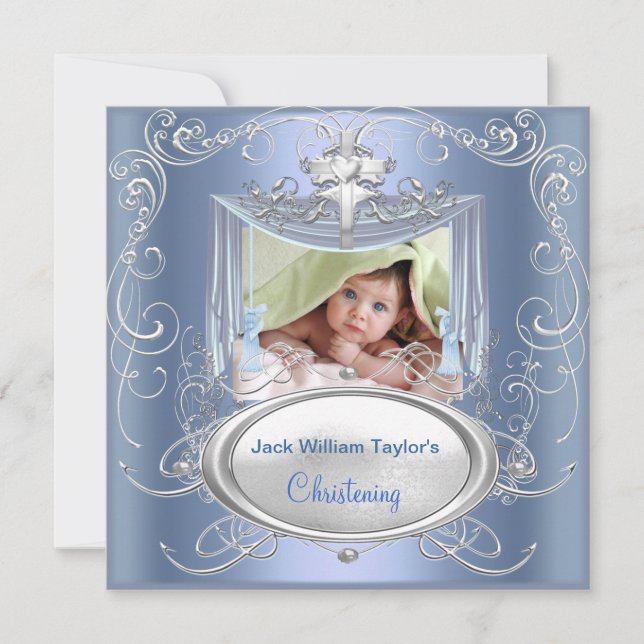 Baby Christening Baptism Boy Blue Silver Cross Announcement (Front)