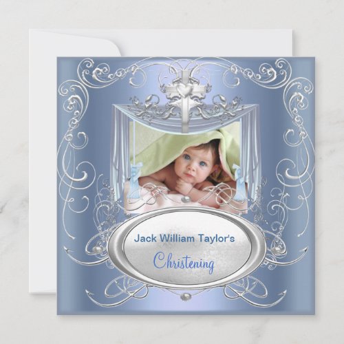 Baby Christening Baptism Boy Blue Silver Cross Announcement