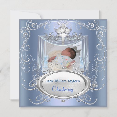 Baby Christening Baptism Boy Blue Silver Cross Invitation