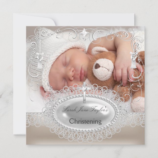 Baby Christening Baptism Girl Boy Silver Cross Announcement (Front)