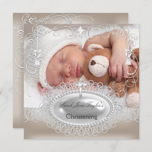 Baby Christening Baptism Girl Boy Silver Cross Invitation