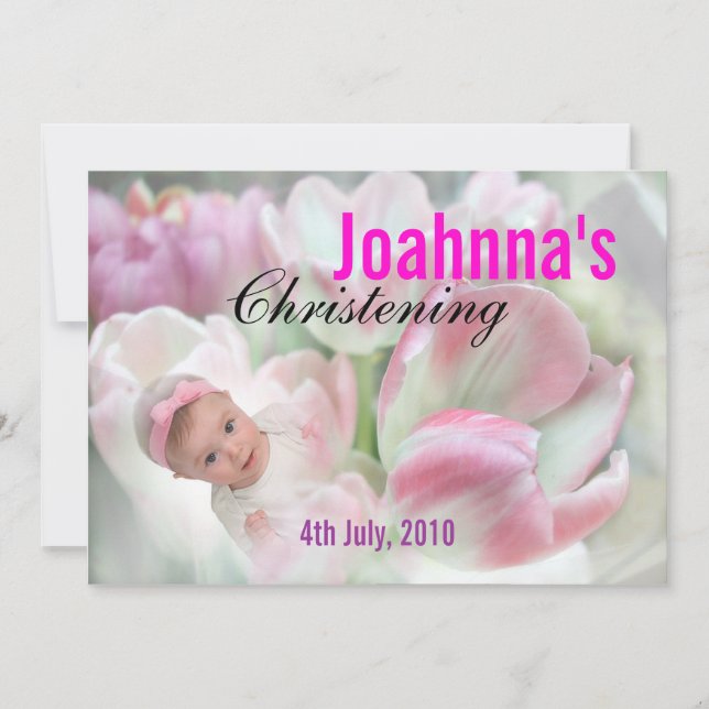 Baby Christening Invitation Pink Flowers (Front)
