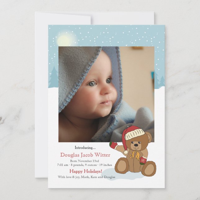 Baby Christmas Bear Holiday Birth Announcement (Front)