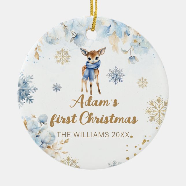 Baby Christmas Deer Personalized Photo Ceramic Ornament (Front)