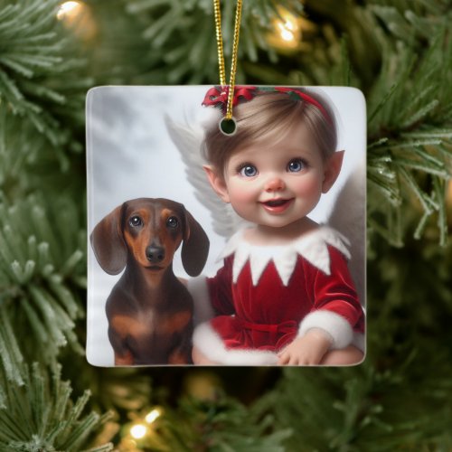 Baby Christmas Elf and Dachshund Card Ceramic Ornament