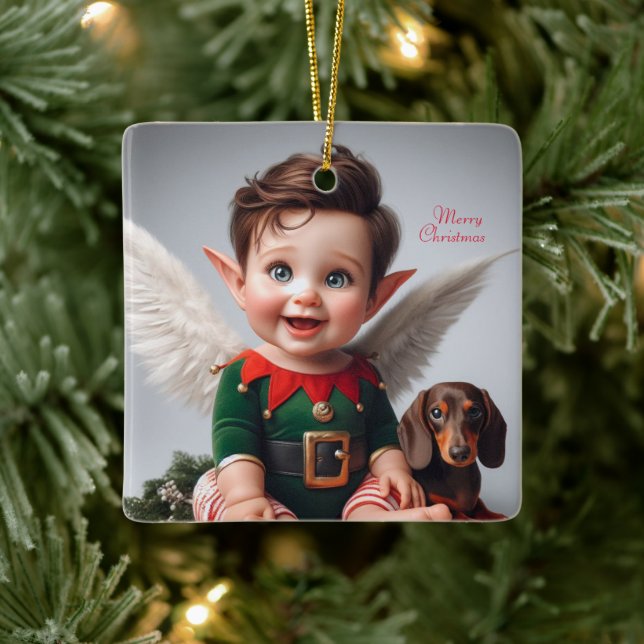 Baby Christmas Elf and Dachshund Card Ceramic Ornament (Tree)
