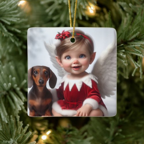 Baby Christmas Elf and Dachshund Card Ceramic Ornament