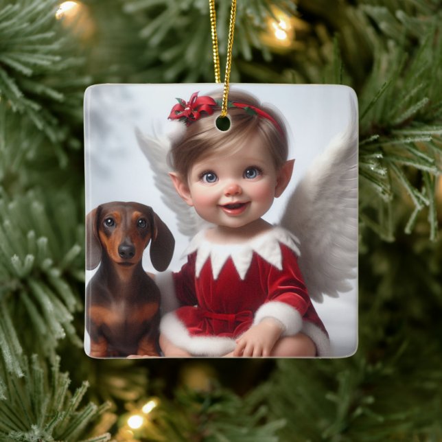 Baby Christmas Elf and Dachshund Card Ceramic Ornament (Tree)