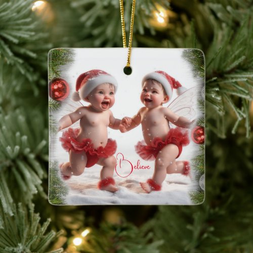 Baby Christmas Fairies Christmas Card Ceramic Ornament