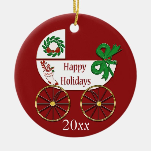 Baby Christmas ornament carriage Happy Holidays (Front)
