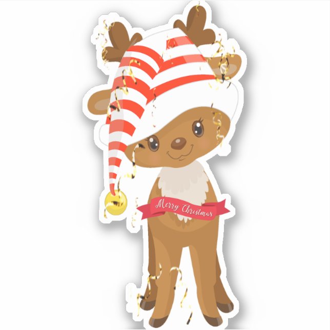 Baby Christmas Reindeer with Faux Gold Ribbons Sticker (Front)