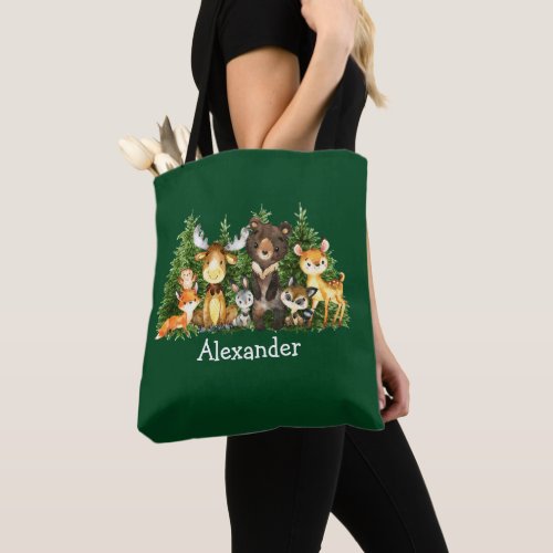 Baby Christmas Woodland Animals Green Diaper Tote Bag