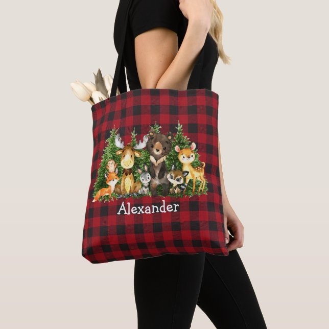 Baby Christmas Woodland Animals Plaid Diaper Tote Bag (Close Up)