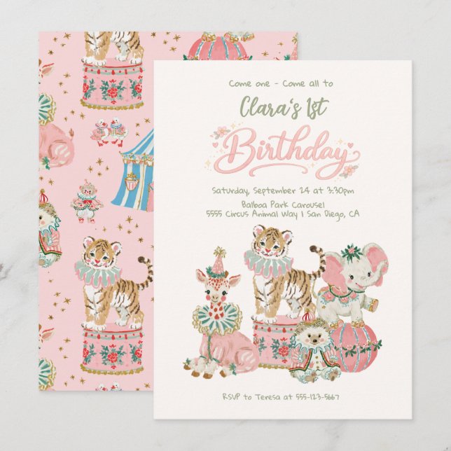 Baby Circus Animals Birthday Party Invitation (Front/Back)