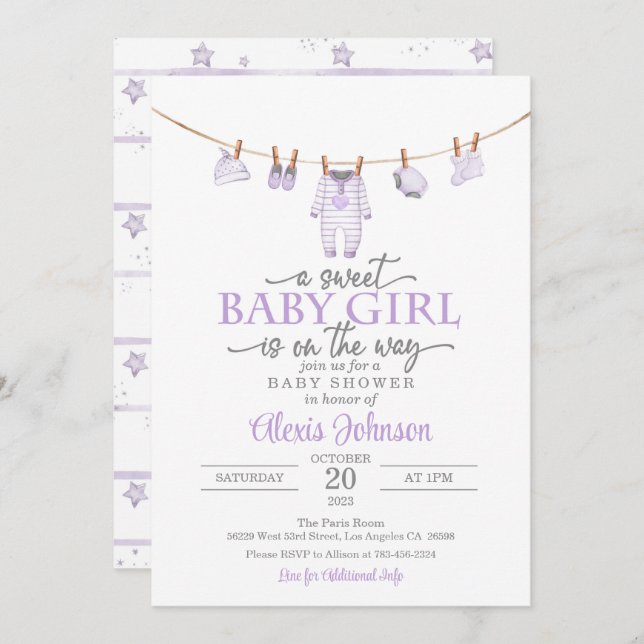 Baby Clothes Baby Shower Invitation - Purple (Front/Back)