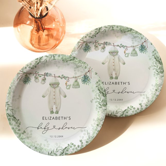 Baby Clothes Boho Eucalyptus Baby Shower  Paper Plates (Creator Uploaded)