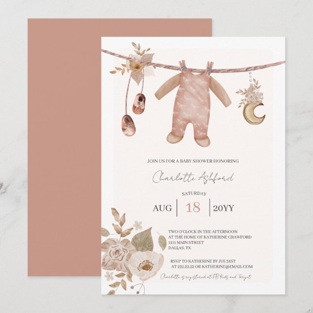 Baby Clothes Boho Neutral Baby Shower Invitation (Front/Back)