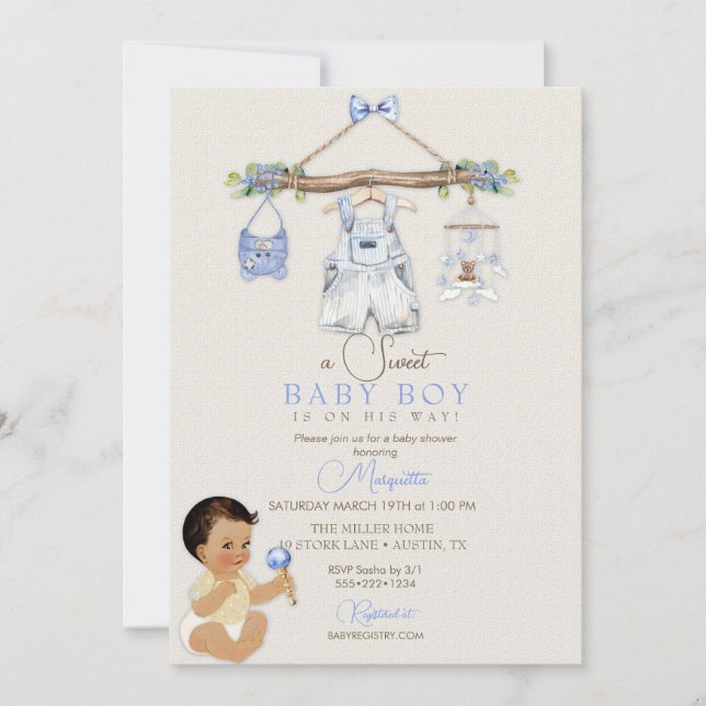 Baby Clothes Boy Baby Shower Ivory Blue Invitation (Front)