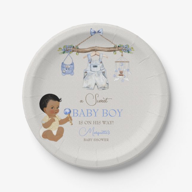 Baby Clothes Boy Baby Shower Ivory Blue Paper Plates (Front)