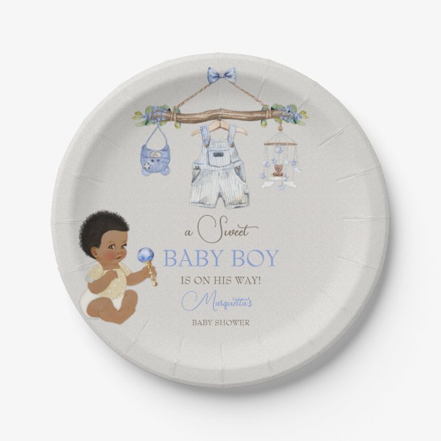 Baby Clothes Boy Baby Shower Ivory Blue Paper Plates (Front)