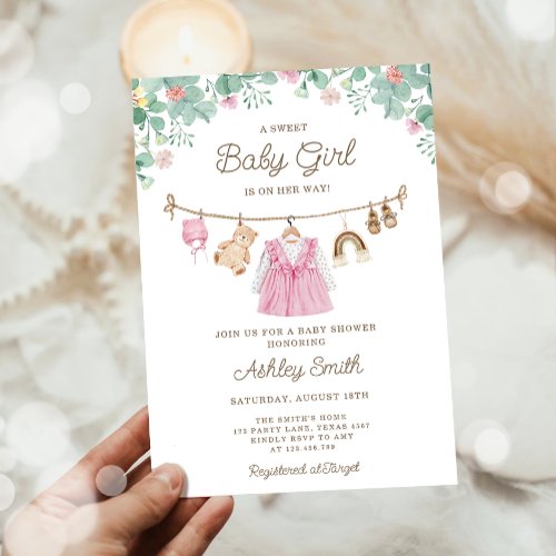 Baby Clothes Clothesline Boho Girl Baby Shower Invitation